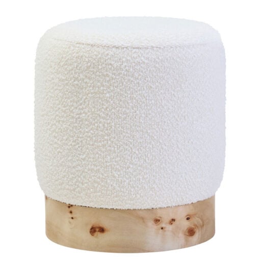 Boho Rustic Cream White Boucle Fabric And Burl Light Wood Round Stool Footstool