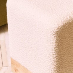 Boho Rustic Cream White Boucle Fabric And Burl Light Wood Square Stool Footstool