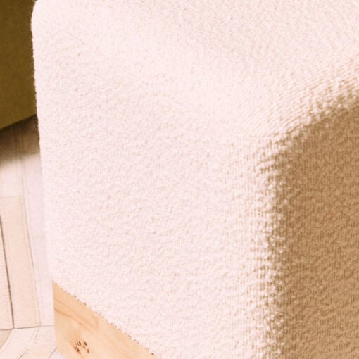 Boho Rustic Cream White Boucle Fabric And Burl Light Wood Square Stool Footstool