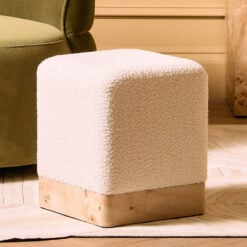 Boho Rustic Cream White Boucle Fabric And Burl Light Wood Square Stool Footstool