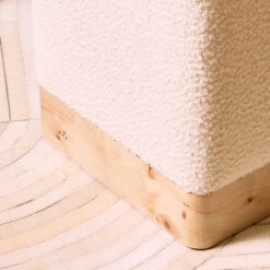 Boho Rustic Cream White Boucle Fabric And Burl Light Wood Square Stool Footstool