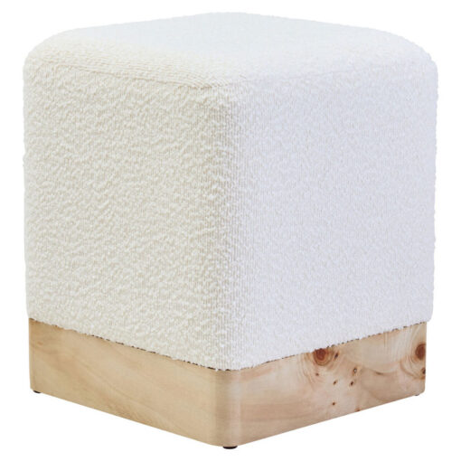 Boho Rustic Cream White Boucle Fabric And Burl Light Wood Square Stool Footstool