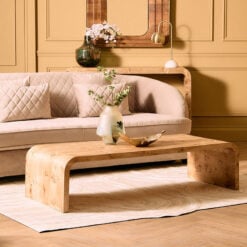 Boho Rustic Curved Light Burl Wood Large Rectangular Coffee Table 148cm