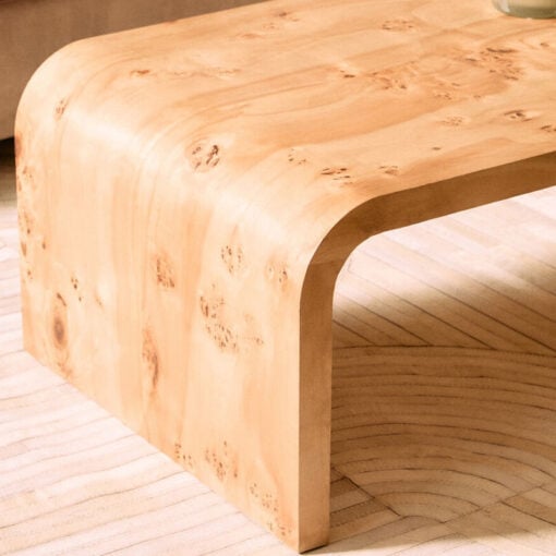 Boho Rustic Curved Light Burl Wood Large Rectangular Coffee Table 148cm