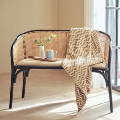 Boho Rustic Rattan Cane And Solid Black Beech Wood Dining Hallway Bench With Beige Padded Seat 108cm