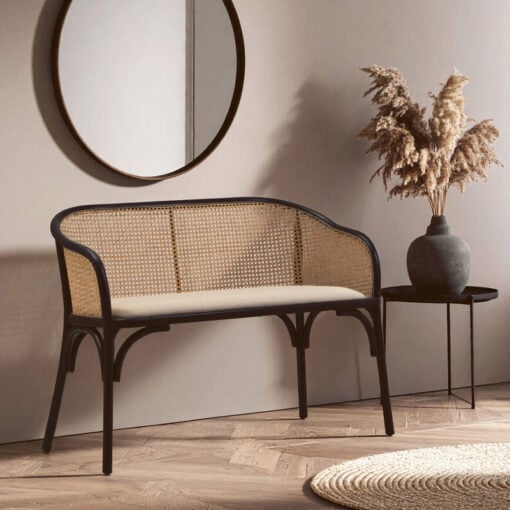 Boho Rustic Rattan Cane And Solid Black Beech Wood Dining Hallway Bench With Beige Padded Seat 108cm