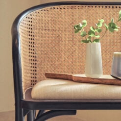 Boho Rustic Rattan Cane And Solid Black Beech Wood Dining Hallway Bench With Beige Padded Seat 108cm