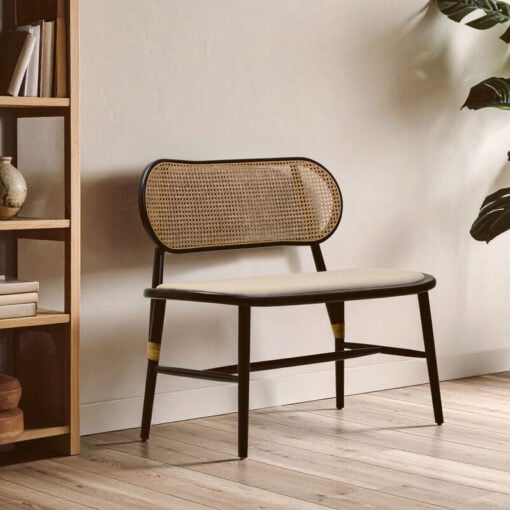 Boho Rustic Rattan Cane And Solid Black Elm Wood Dining Hallway Bench With Beige Padded Seat 104cm Boho Rustic Rattan Cane And Solid Black Elm Wood Dining Hallway Bench With Beige Padded Seat 104cm