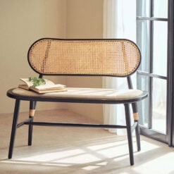 Boho Rustic Rattan Cane And Solid Black Elm Wood Dining Hallway Bench With Beige Padded Seat 104cm