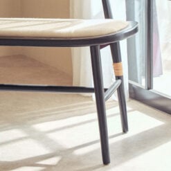 Boho Rustic Rattan Cane And Solid Black Elm Wood Dining Hallway Bench With Beige Padded Seat 104cm