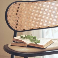 Boho Rustic Rattan Cane And Solid Black Elm Wood Dining Hallway Bench With Beige Padded Seat 104cm