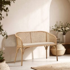 Boho Rustic Rattan Cane And Solid Light Beech Wood Dining Hallway Bench With Beige Padded Seat 108cm