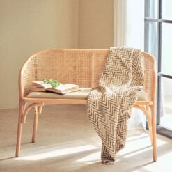 Boho Rustic Rattan Cane And Solid Light Beech Wood Dining Hallway Bench With Beige Padded Seat 108cm