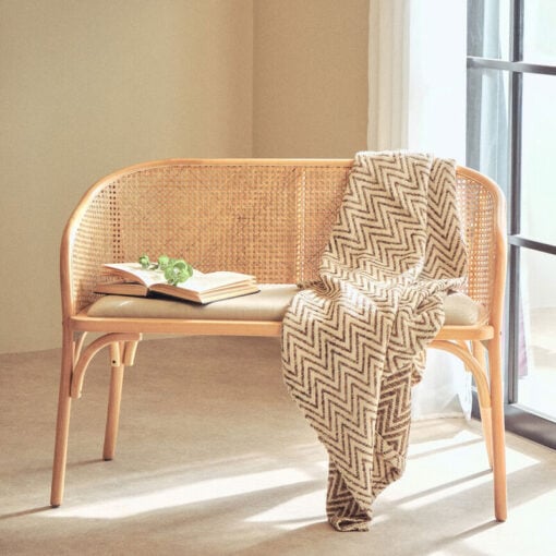 Boho Rustic Rattan Cane And Solid Light Beech Wood Dining Hallway Bench With Beige Padded Seat 108cm