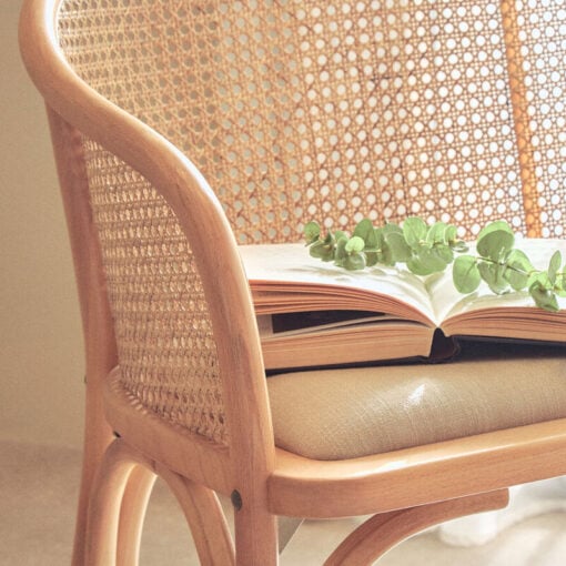 Boho Rustic Rattan Cane And Solid Light Beech Wood Dining Hallway Bench With Beige Padded Seat 108cm
