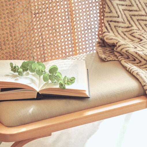 Boho Rustic Rattan Cane And Solid Light Beech Wood Dining Hallway Bench With Beige Padded Seat 108cm