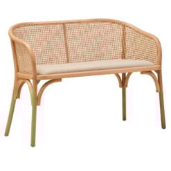 Boho Rustic Rattan Cane And Solid Light Beech Wood Dining Hallway Bench With Beige Padded Seat 108cm