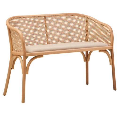 Boho Rustic Rattan Cane And Solid Light Beech Wood Dining Hallway Bench With Beige Padded Seat 108cm