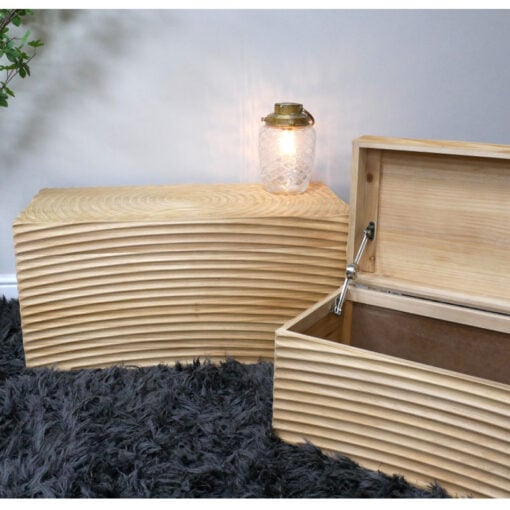 Boho Rustic Solid Light Carved Fir Wood Set Of 2 Trunk Storage Boxes 80cm And 69cm