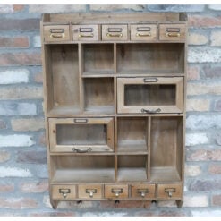 Boho Rustic Solid Light Fir Wood And Glass Multi Compartment Multi Drawer Apothecary Style Wall Display Cabinet Wall Shelf 85cm