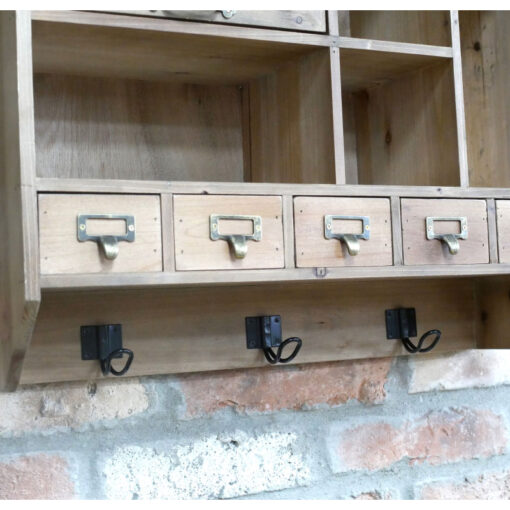 Boho Rustic Solid Light Fir Wood And Glass Multi Compartment Multi Drawer Apothecary Style Wall Display Cabinet Wall Shelf 85cm