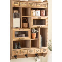 Boho Rustic Solid Light Fir Wood And Glass Multi Compartment Multi Drawer Apothecary Style Wall Display Cabinet Wall Shelf 85cm