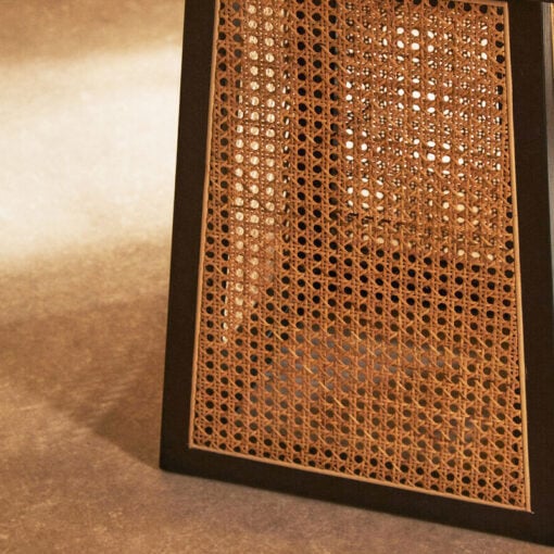 Boho Solid Black Elm Wood And Rattan Cane Square Geometric Side Table End Table