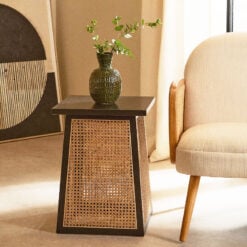 Boho Solid Black Elm Wood And Rattan Cane Square Geometric Side Table End Table