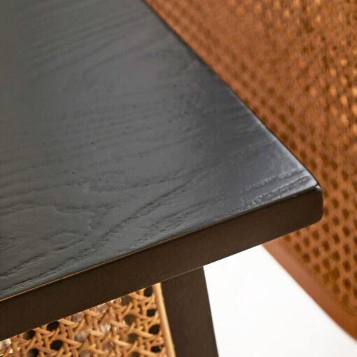 Boho Solid Black Elm Wood And Rattan Cane Square Geometric Side Table End Table