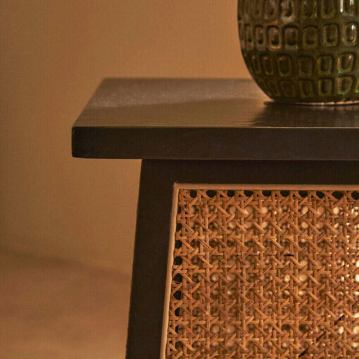 Boho Solid Black Elm Wood And Rattan Cane Square Geometric Side Table End Table