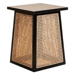 Boho Solid Black Elm Wood And Rattan Cane Square Geometric Side Table End Table