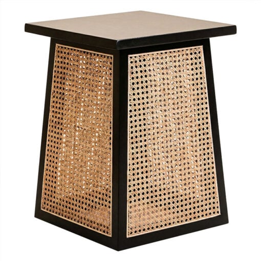 Boho Solid Black Elm Wood And Rattan Cane Square Geometric Side Table End Table