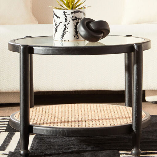 Boho Solid Black Elm Wood Round 2 Tier Coffee Table With A Glass Top And Rattan Cane Lower Shelf 67cm Boho Solid Black Elm Wood Round 2 Tier Coffee Table With A Glass Top And Rattan Cane Lower Shelf 67cm