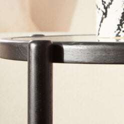 Boho Solid Black Elm Wood Round 2 Tier Coffee Table With A Glass Top And Rattan Cane Lower Shelf 67cm