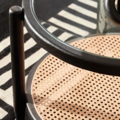 Boho Solid Black Elm Wood Round 2 Tier Coffee Table With A Glass Top And Rattan Cane Lower Shelf 67cm