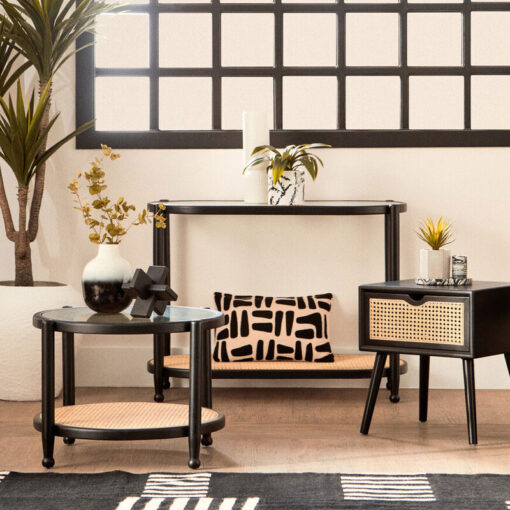 Boho Solid Black Elm Wood Round 2 Tier Coffee Table With A Glass Top And Rattan Cane Lower Shelf 67cm Boho Solid Black Elm Wood Round 2 Tier Coffee Table With A Glass Top And Rattan Cane Lower Shelf 67cm