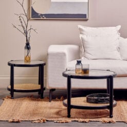 Boho Solid Black Elm Wood Round 2 Tier Coffee Table With A Glass Top And Rattan Cane Lower Shelf 67cm