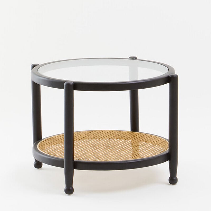 Boho Solid Black Elm Wood Round 2 Tier Coffee Table With A Glass Top And Rattan Cane Lower Shelf 67cm Boho Solid Black Elm Wood Round 2 Tier Coffee Table With A Glass Top And Rattan Cane Lower Shelf 67cm