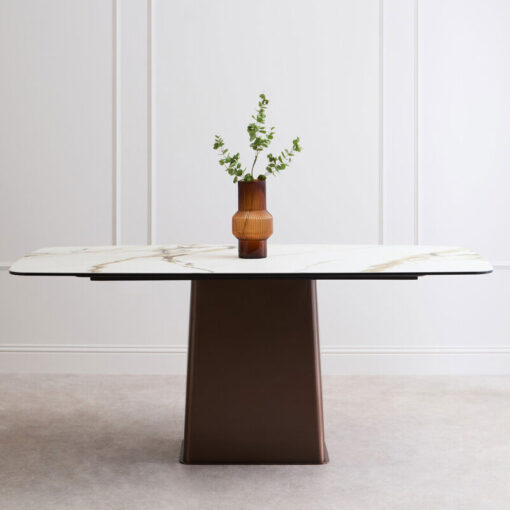 Brushed Bronze Metal And White Marble Effect Ceramic 6 Seater Rectangular Dining Table 180cm