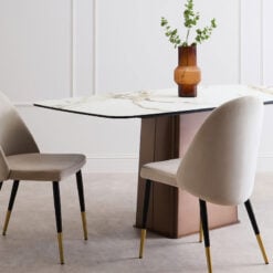 Brushed Bronze Metal And White Marble Effect Ceramic 6 Seater Rectangular Dining Table 180cm