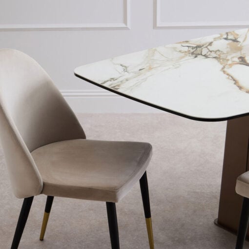 Brushed Bronze Metal And White Marble Effect Ceramic 6 Seater Rectangular Dining Table 180cm