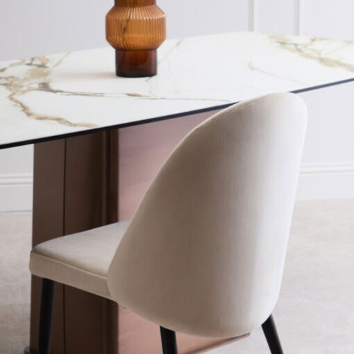 Brushed Bronze Metal And White Marble Effect Ceramic 6 Seater Rectangular Dining Table 180cm