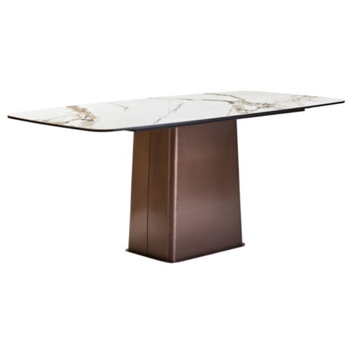 Brushed Bronze Metal And White Marble Effect Ceramic 6 Seater Rectangular Dining Table 180cm