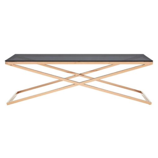 Contemporary Cross Base Rose Gold Metal And Smoked Glass Large Rectangular Coffee Table 130cm