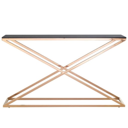Contemporary Cross Base Rose Gold Metal And Smoked Glass Large Rectangular Console Table 130cm
