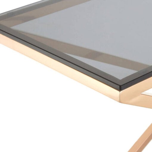 Contemporary Cross Base Rose Gold Metal And Smoked Glass Large Rectangular Console Table 130cm