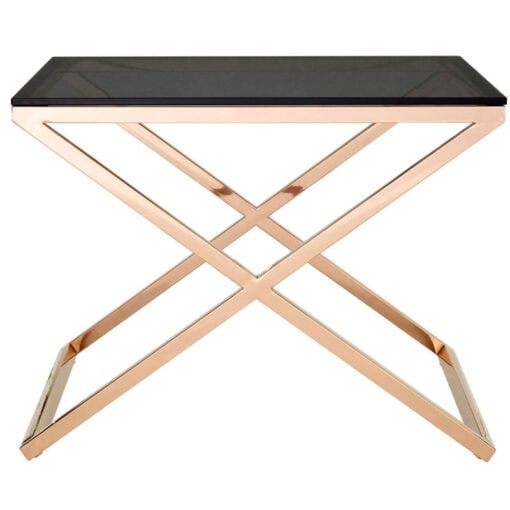 Contemporary Cross Base Rose Gold Metal And Smoked Glass Square Side Table