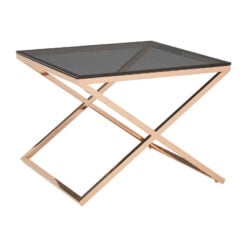 Contemporary Cross Base Rose Gold Metal And Smoked Glass Square Side Table