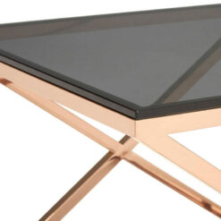 Contemporary Cross Base Rose Gold Metal And Smoked Glass Square Side Table