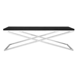 Contemporary Cross Base Silver Chrome Steel And Black Faux Leather Large Rectangular Coffee Table 130cm